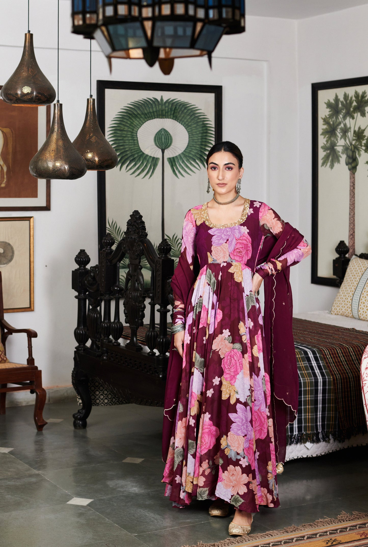 Nargis Purple Floral Anarkali Set