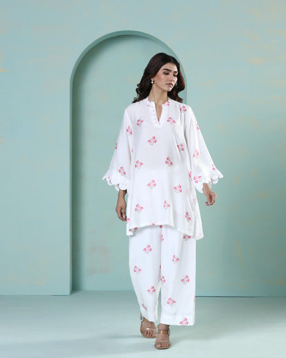 Saanjh: White Floral Digital Printed Cord Set