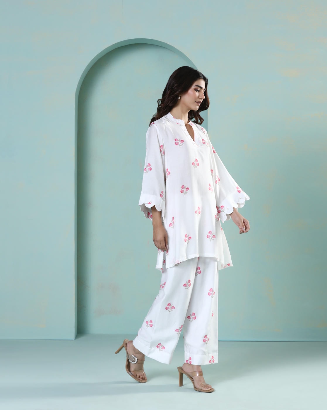 Saanjh: White Floral Digital Printed Cord Set