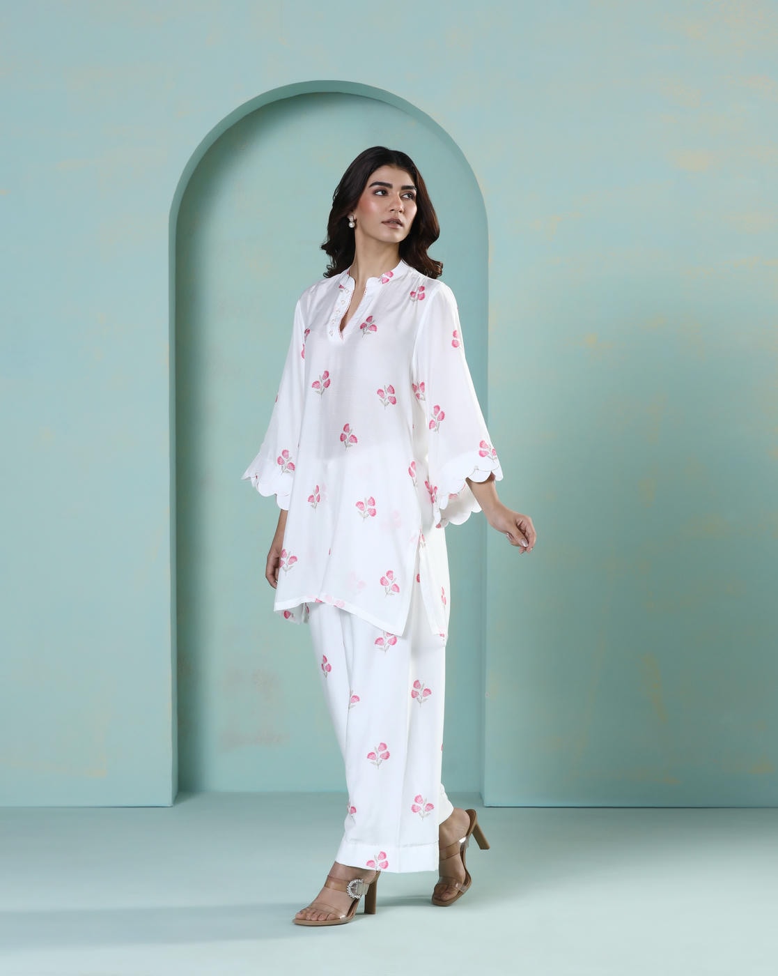 Saanjh: White Floral Digital Printed Cord Set