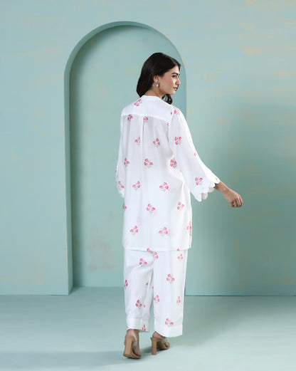 Saanjh: White Floral Digital Printed Cord Set