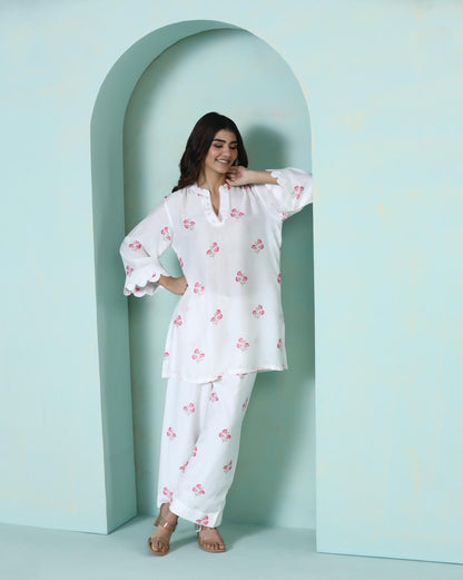 Saanjh: White Floral Digital Printed Cord Set