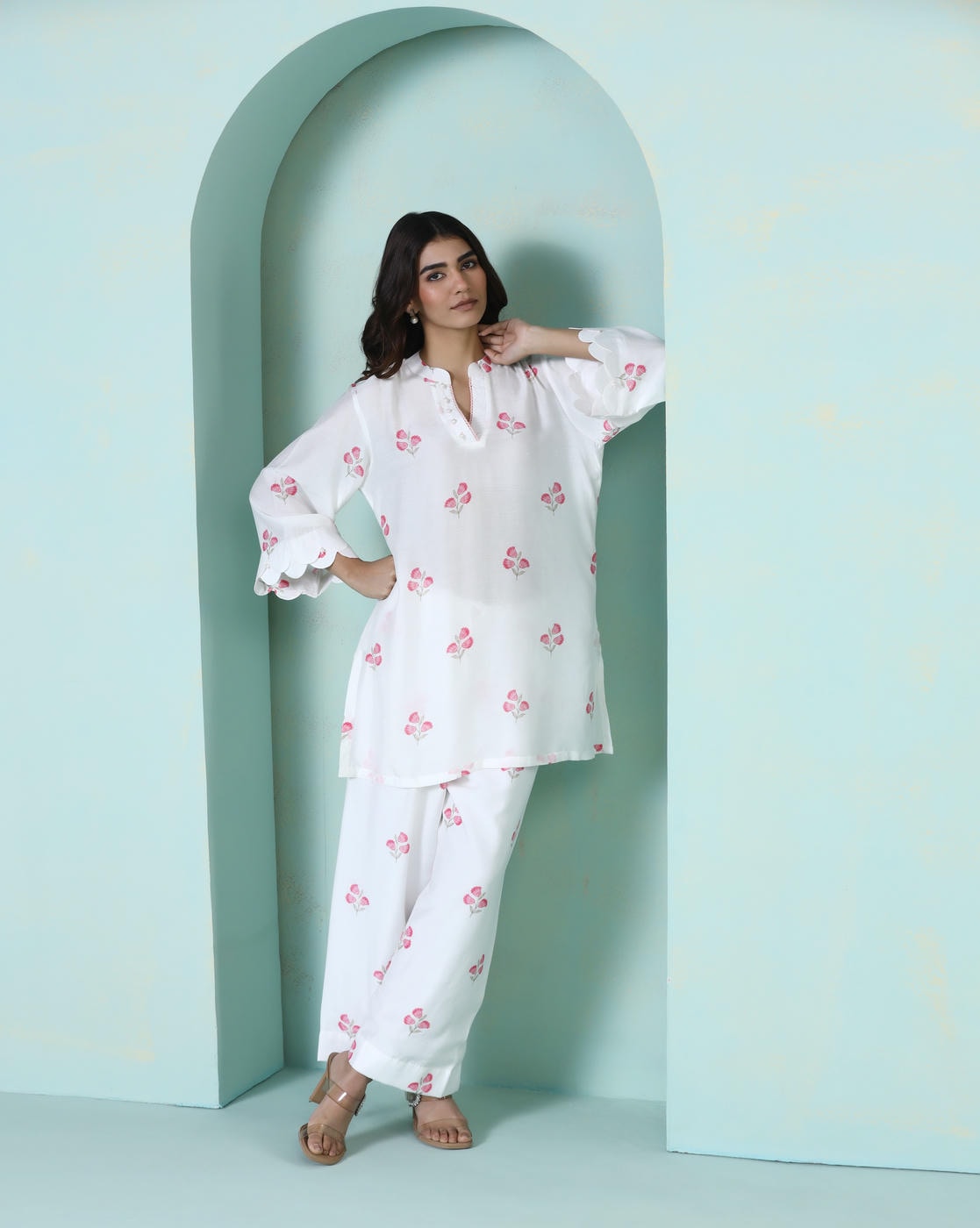 Saanjh: White Floral Digital Printed Cord Set