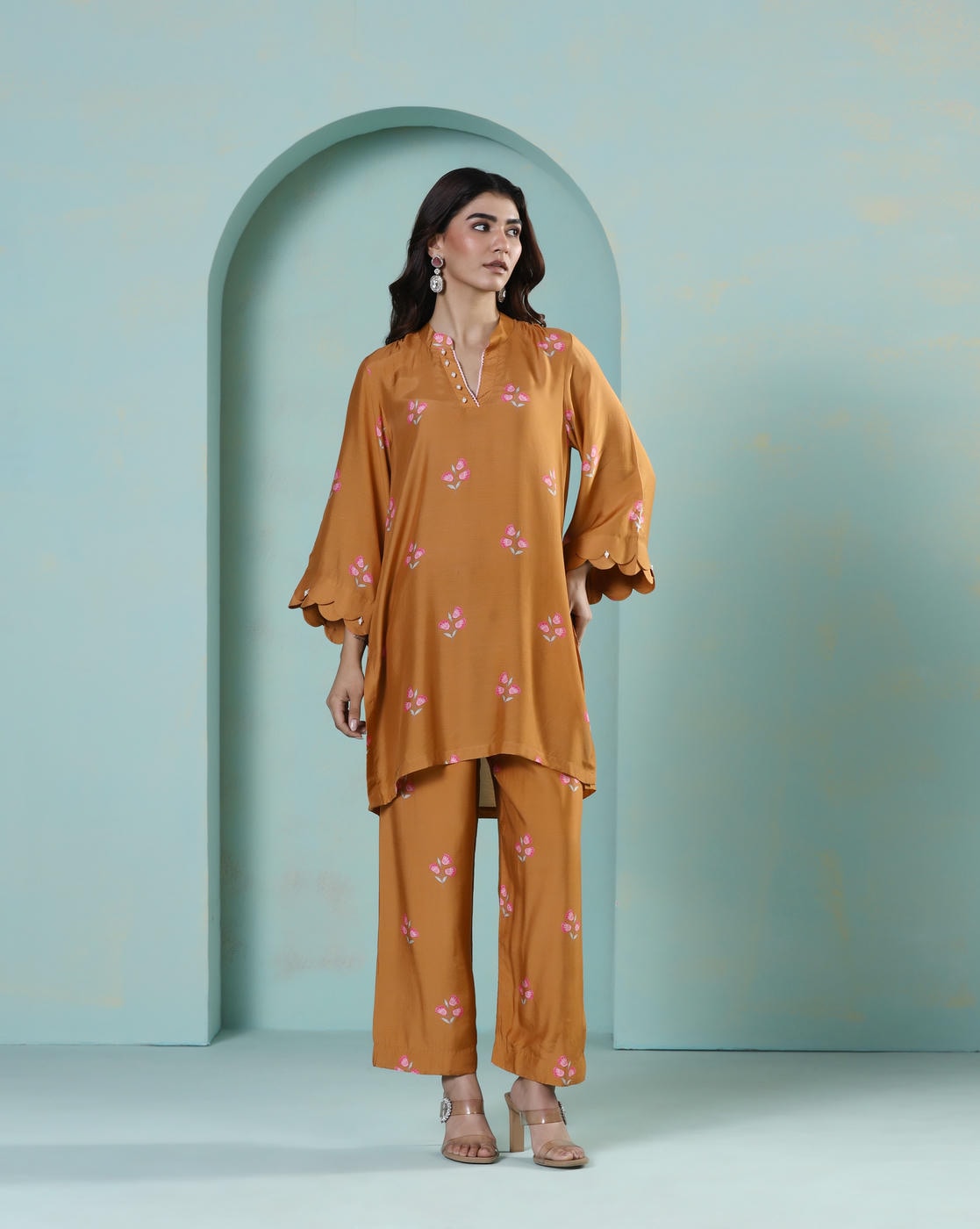 Saanjh: Mustard Floral Digital Printed Cord Set