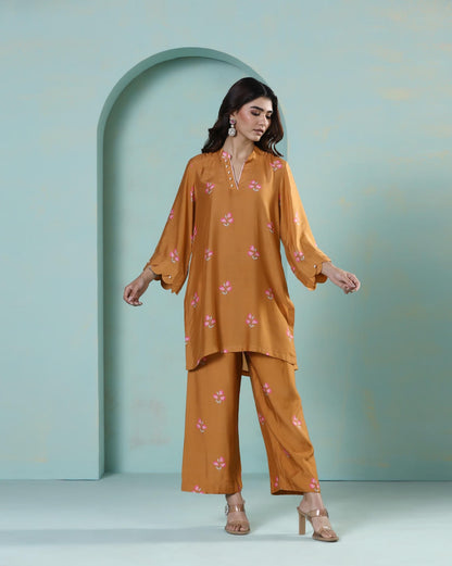 Saanjh: Mustard Floral Digital Printed Cord Set