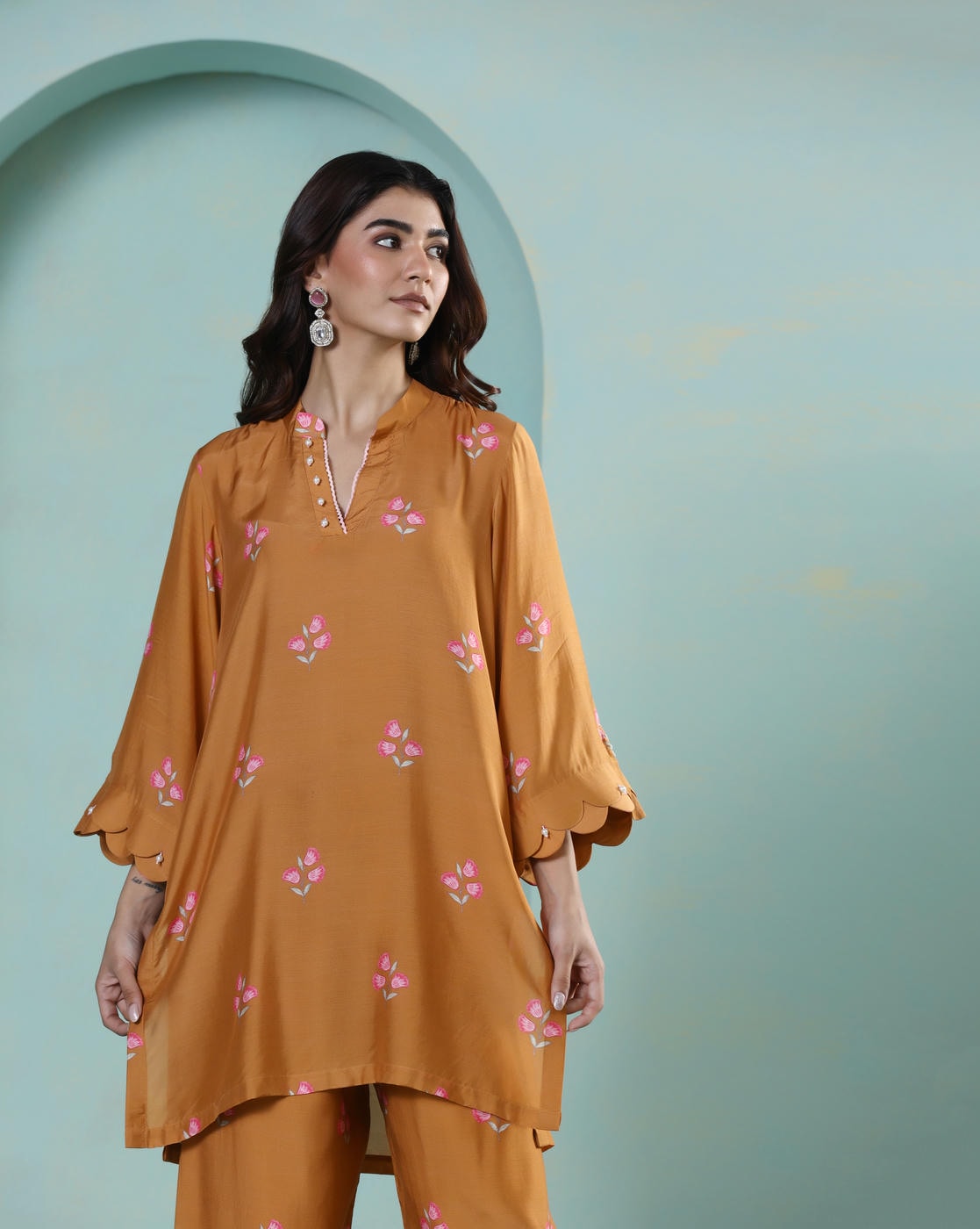 Saanjh: Mustard Floral Digital Printed Cord Set