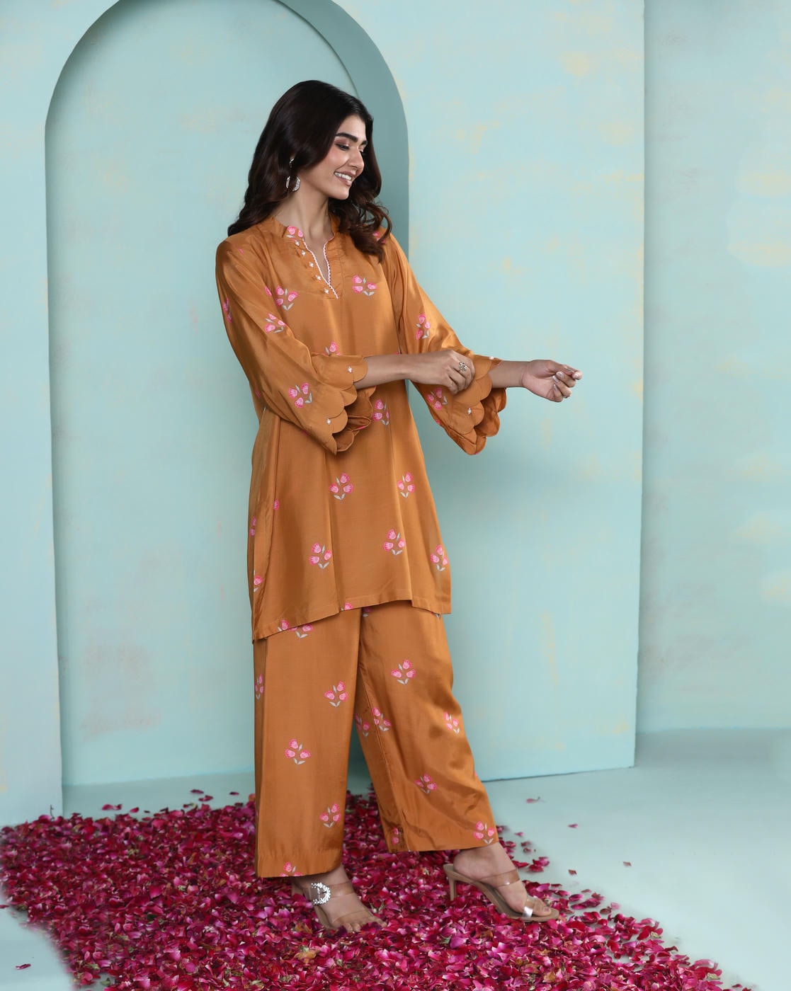 Saanjh: Mustard Floral Digital Printed Cord Set