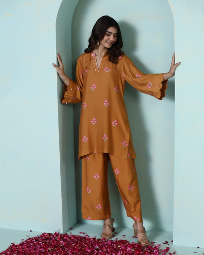 Saanjh: Mustard Floral Digital Printed Cord Set