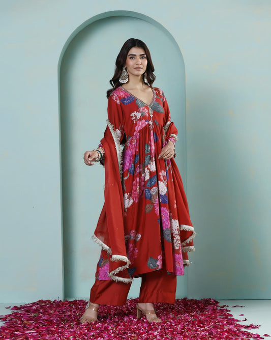 Saanjh: Red Floral Digtal Printed Embroidred Kurta Set of 3