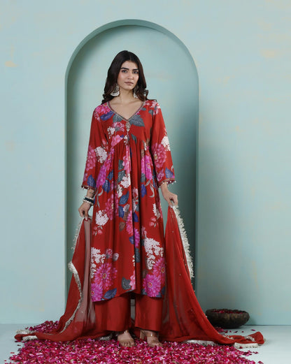 Saanjh: Red Floral Digtal Printed Embroidred Kurta Set of 2