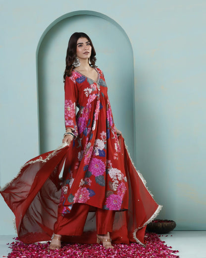 Saanjh: Red Floral Digtal Printed Embroidred Kurta Set of 2