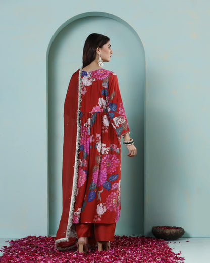 Saanjh: Red Floral Digtal Printed Embroidred Kurta Set of 2