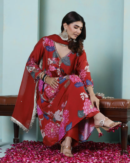 Saanjh: Red Floral Digtal Printed Embroidred Kurta Set of 2