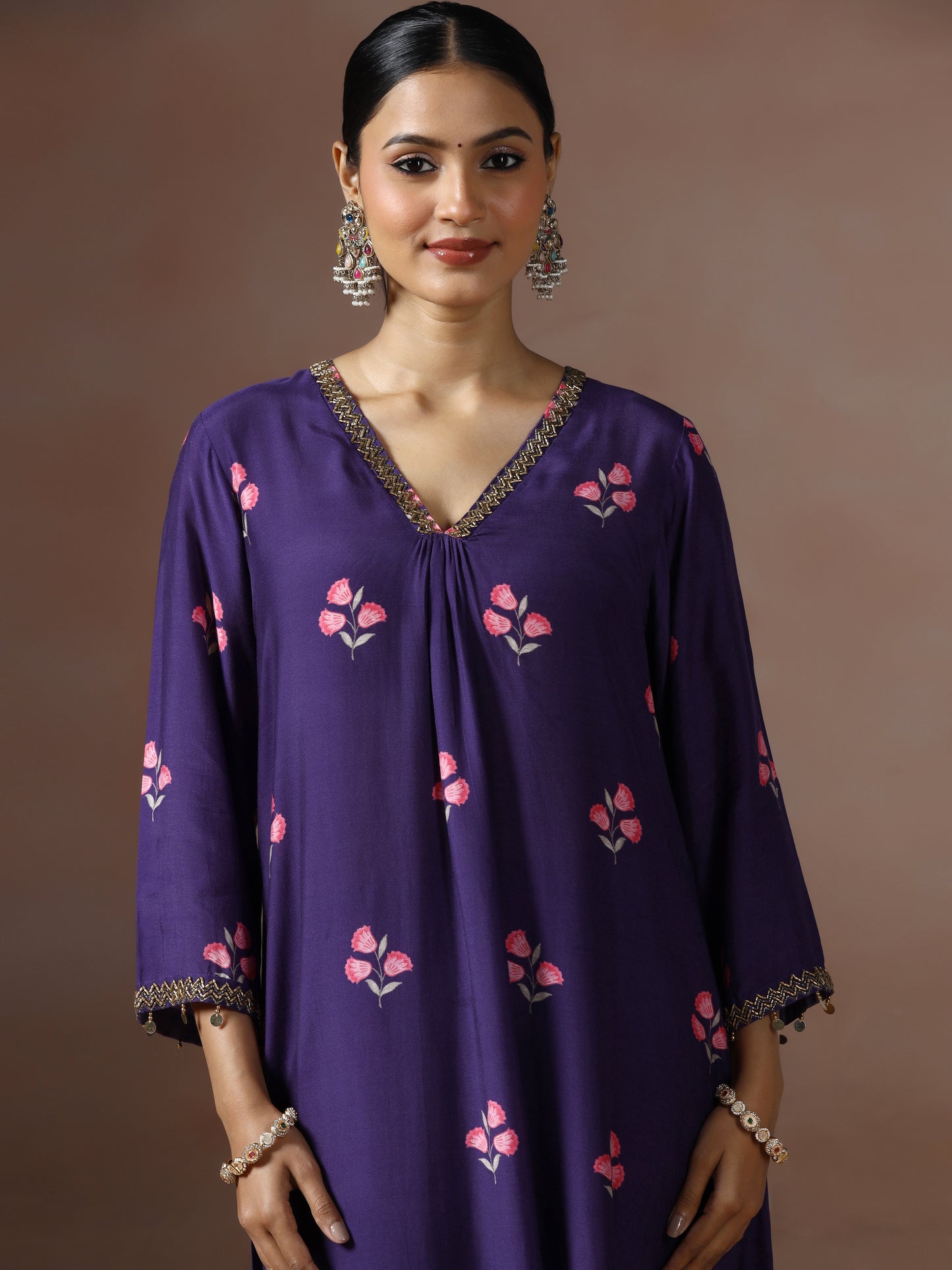 Saanjh: Purple Floral Digtal Printed Embroidred Kurta Set of 2