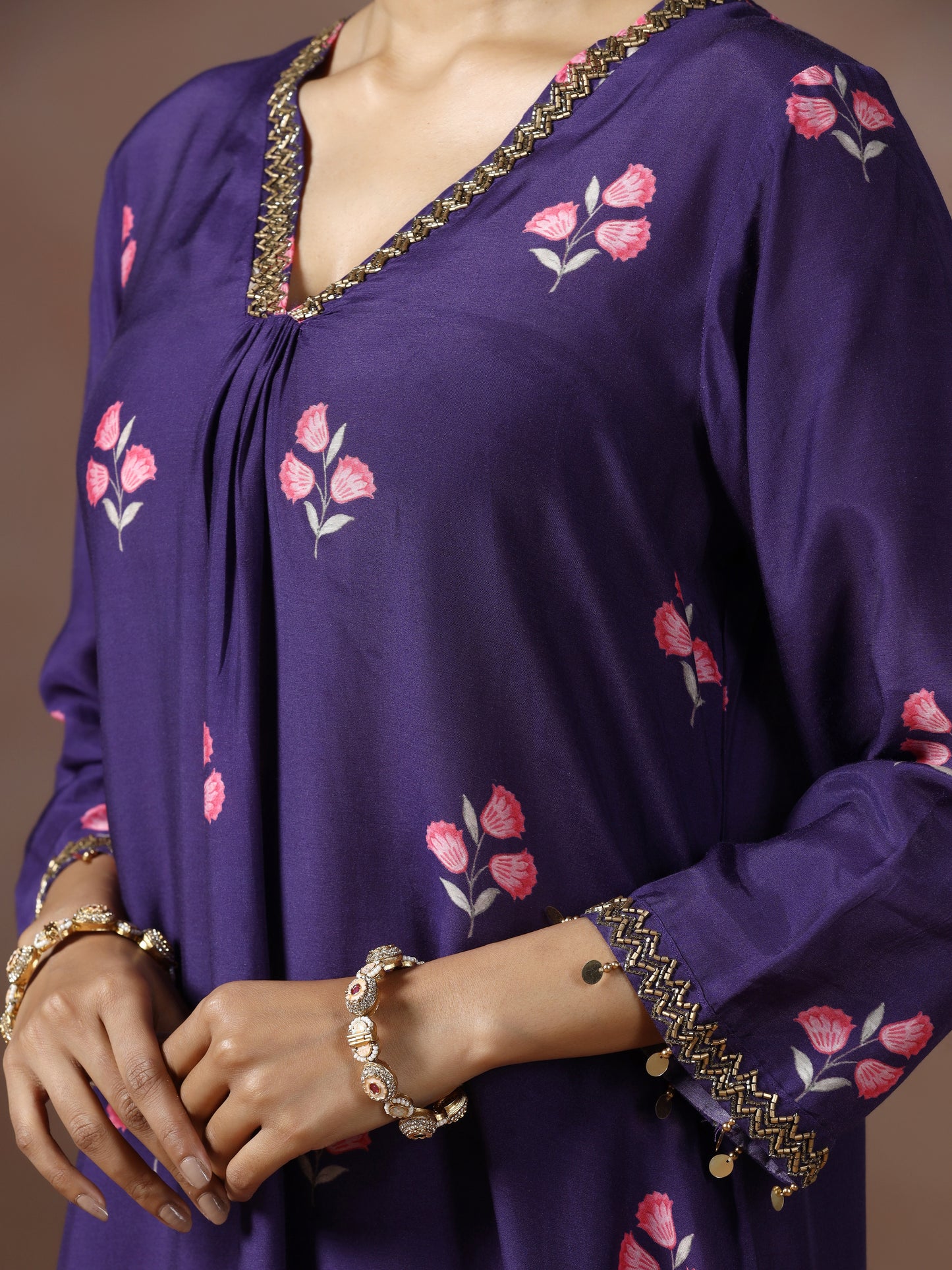 Saanjh: Purple Floral Digtal Printed Embroidred Kurta Set of 2