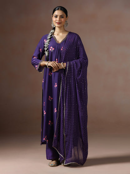 Saanjh: Purple Floral Digtal Printed Embroidred Kurta Set of 2
