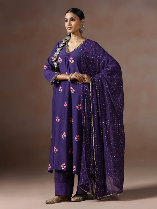 Saanjh: Purple Floral Digtal Printed Embroidred Kurta Set of 3