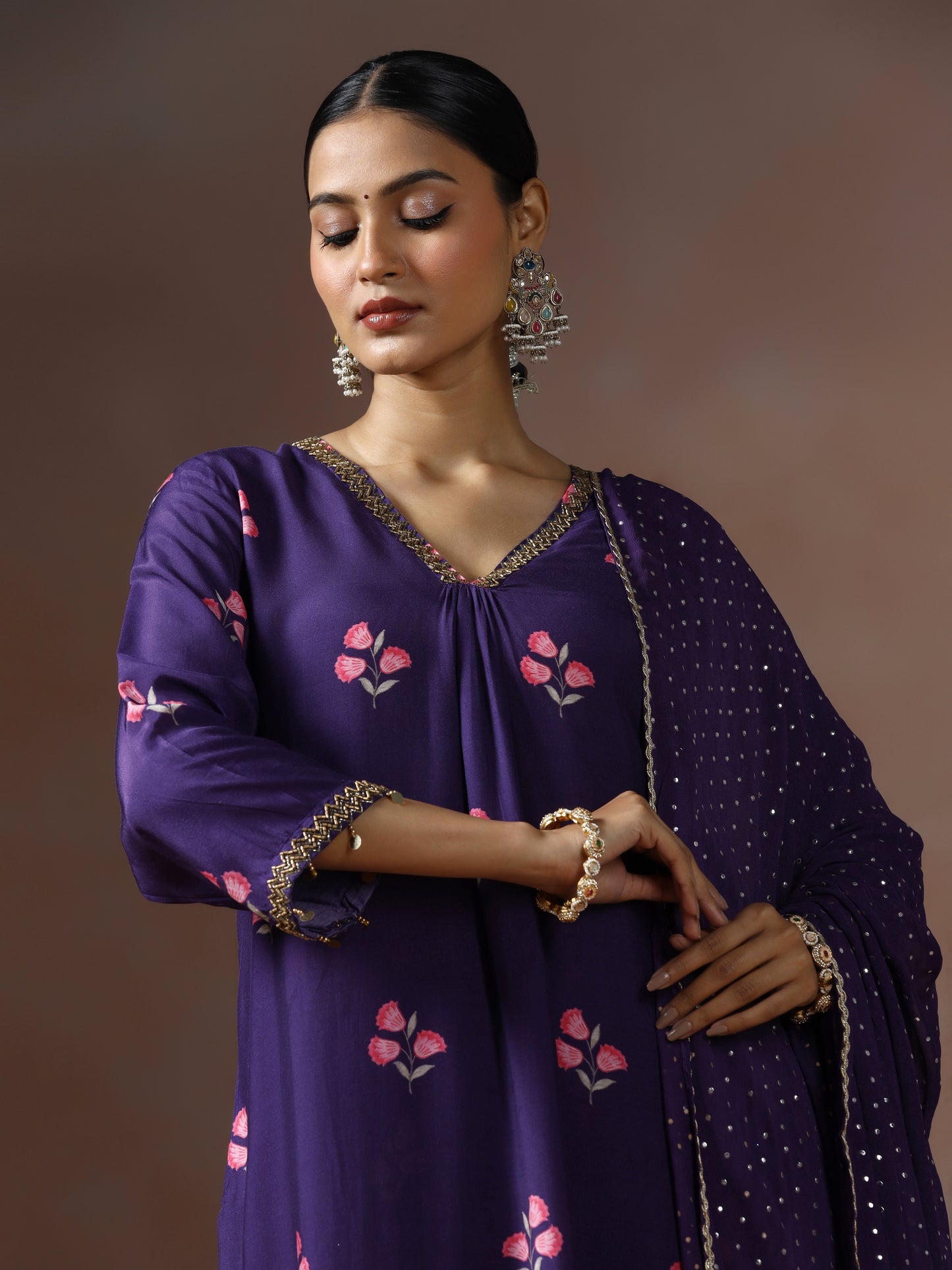 Saanjh: Purple Floral Digtal Printed Embroidred Kurta Set of 2