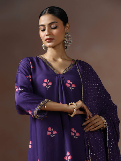 Saanjh: Purple Floral Digtal Printed Embroidred Kurta Set of 2