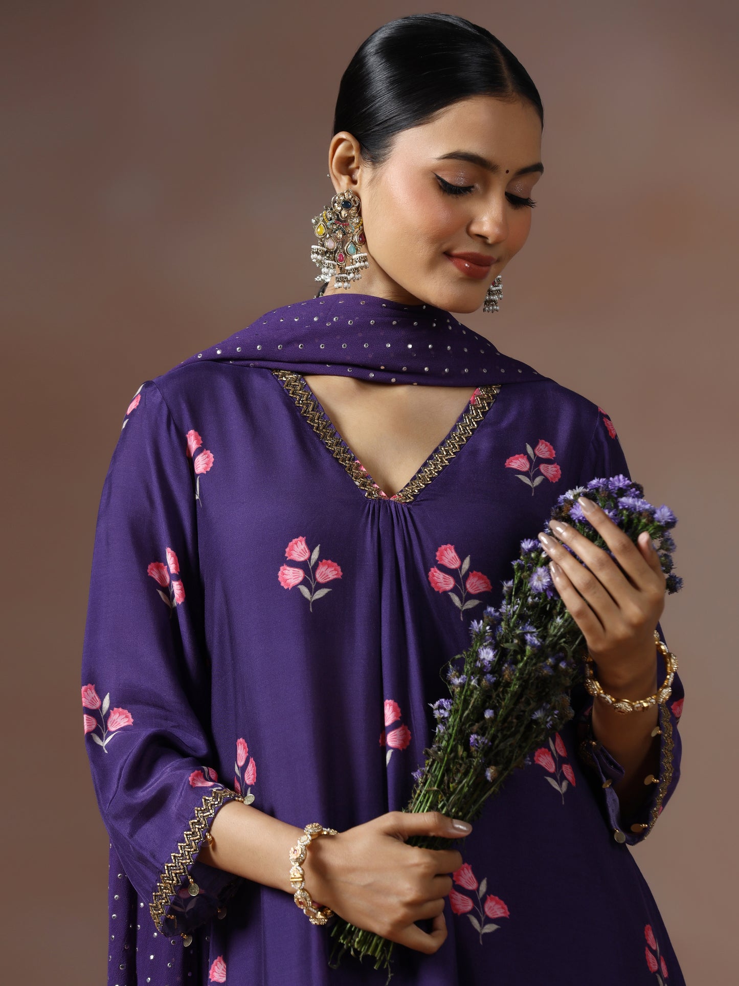 Saanjh: Purple Floral Digtal Printed Embroidred Kurta Set of 2