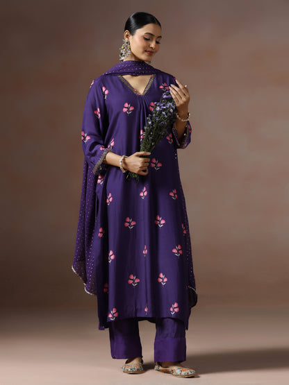 Saanjh: Purple Floral Digtal Printed Embroidred Kurta Set of 2