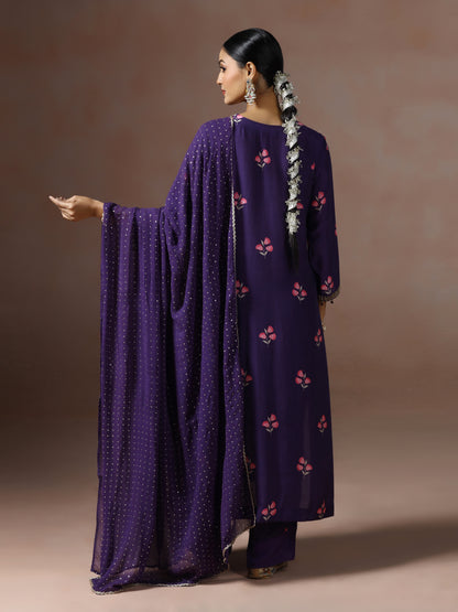 Saanjh: Purple Floral Digtal Printed Embroidred Kurta Set of 2