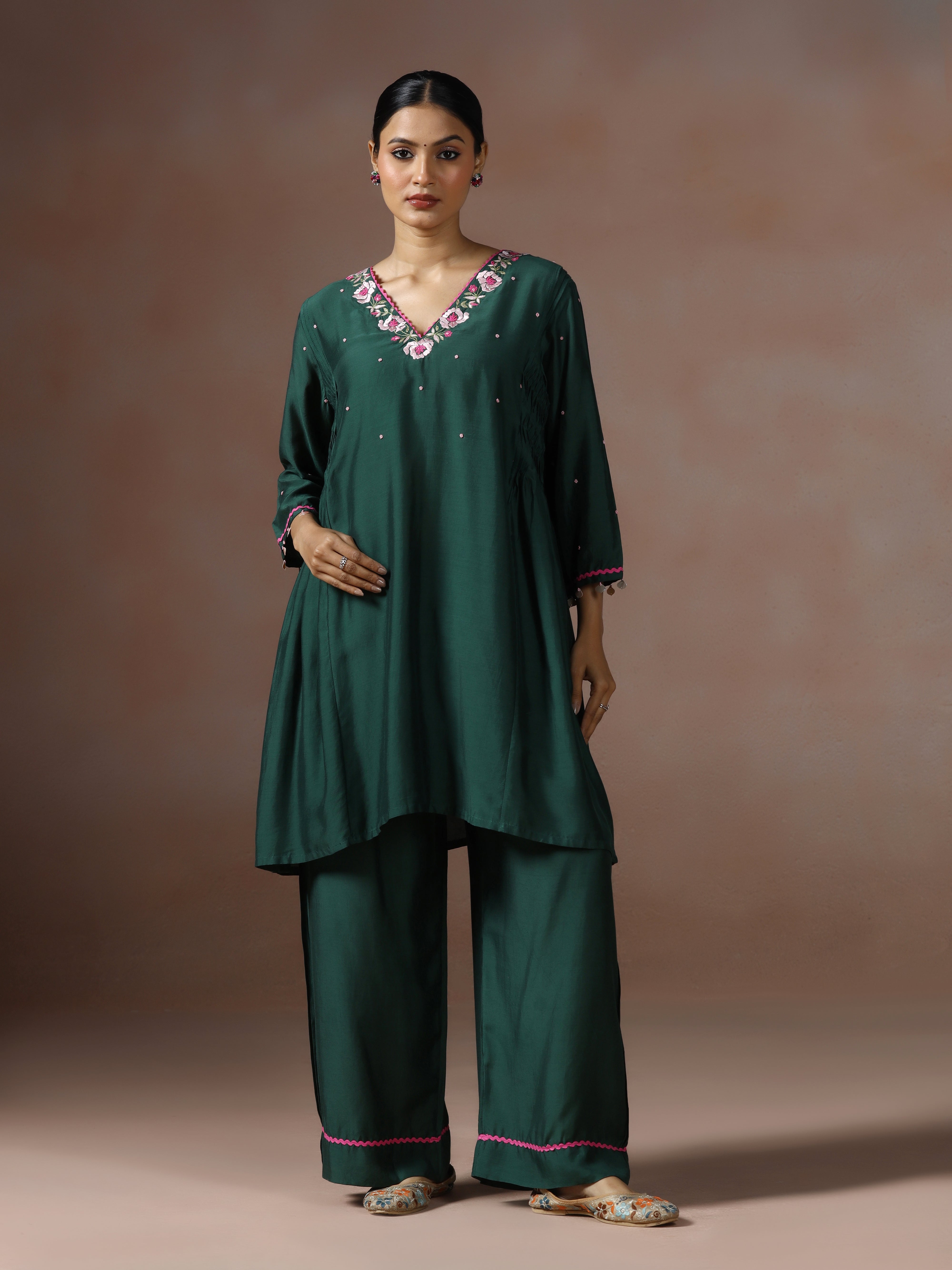 Saanjh: Emerald Green Embroidred Cord Set