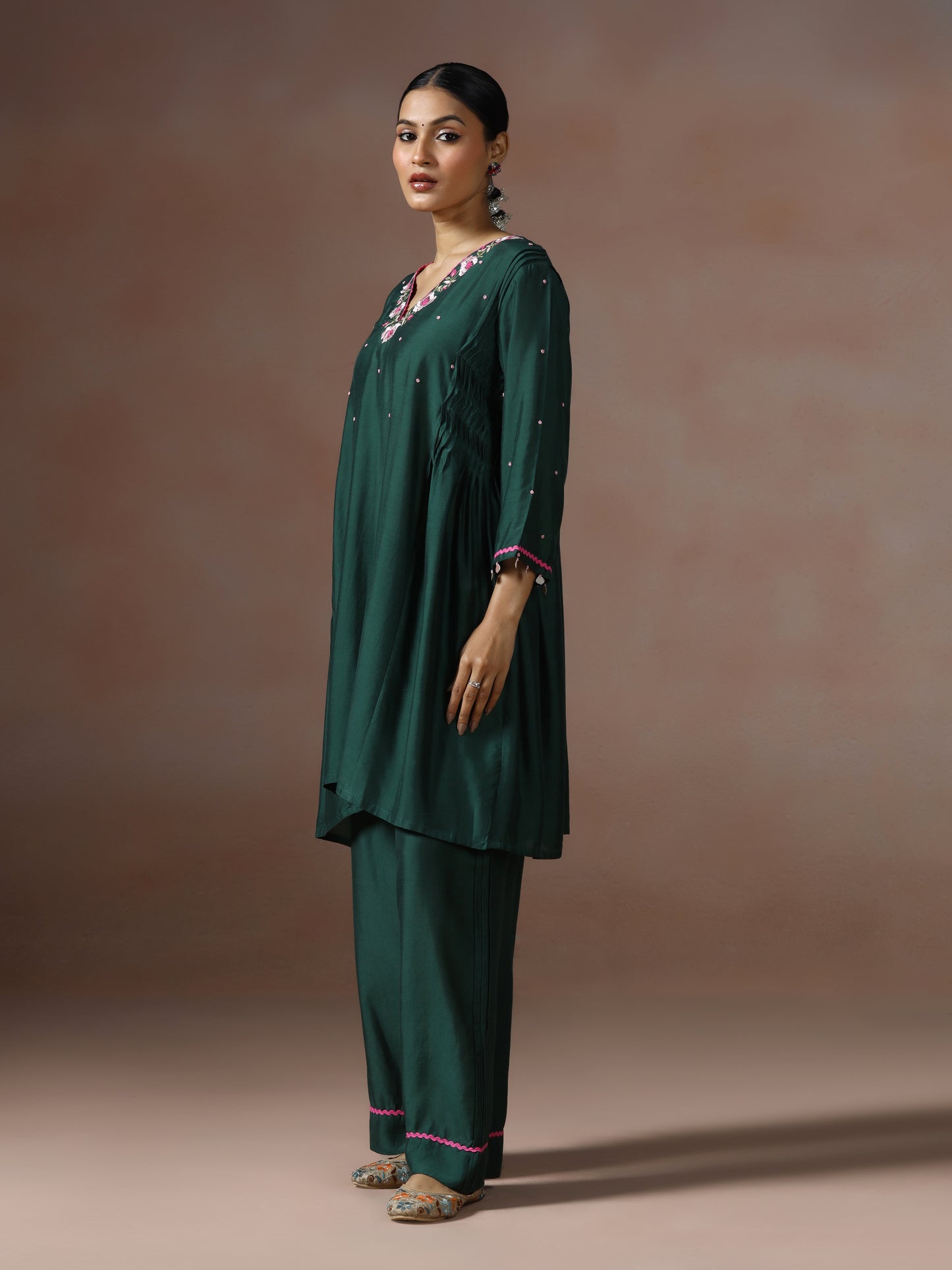 Saanjh: Emerald Green Embroidred Cord Set