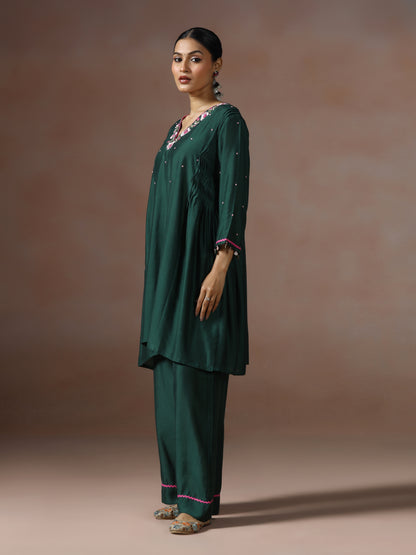 Saanjh: Emerald Green Embroidred Cord Set