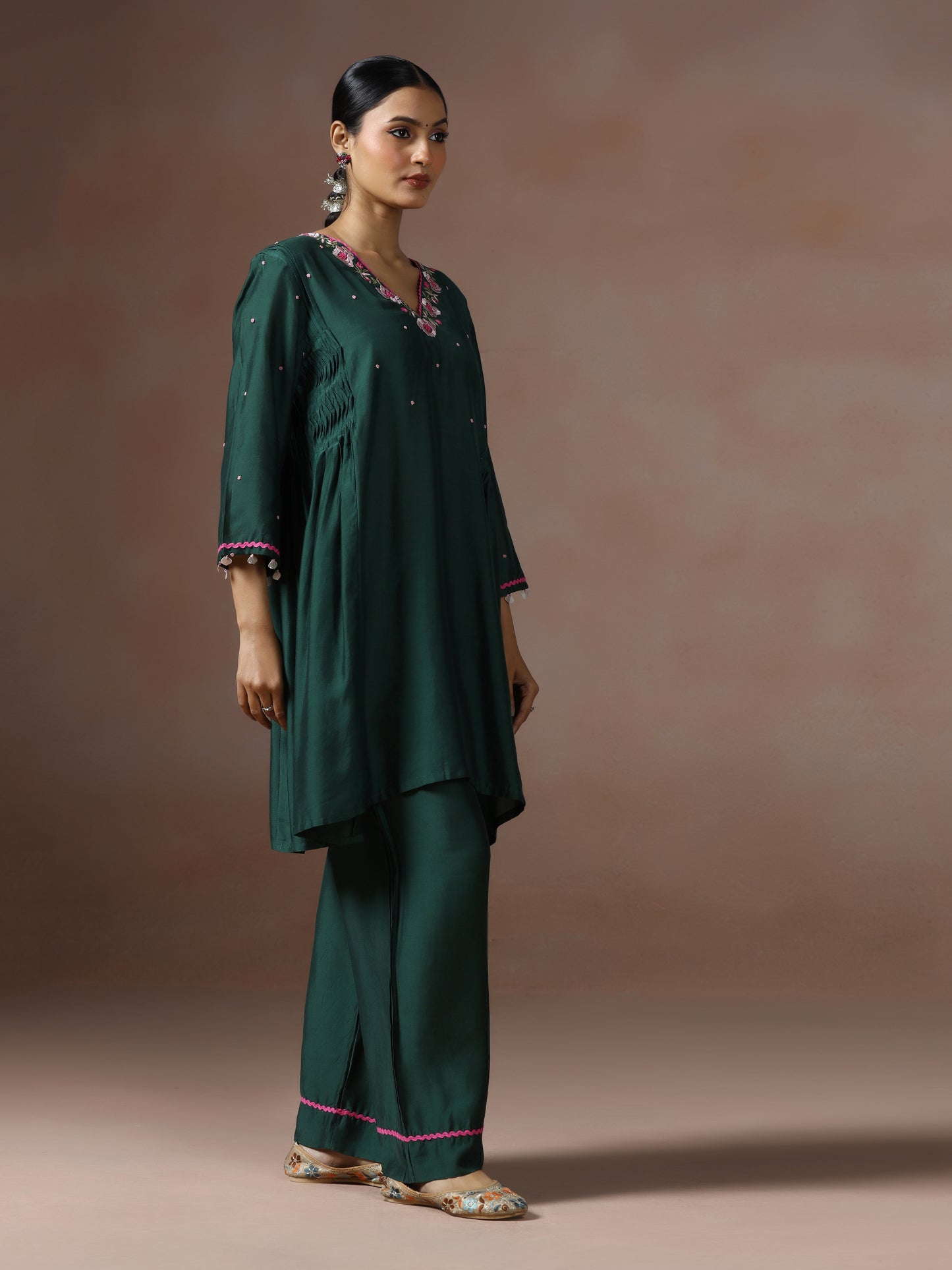 Saanjh: Emerald Green Embroidred Cord Set