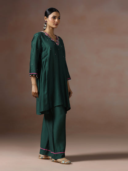 Saanjh: Emerald Green Embroidred Cord Set