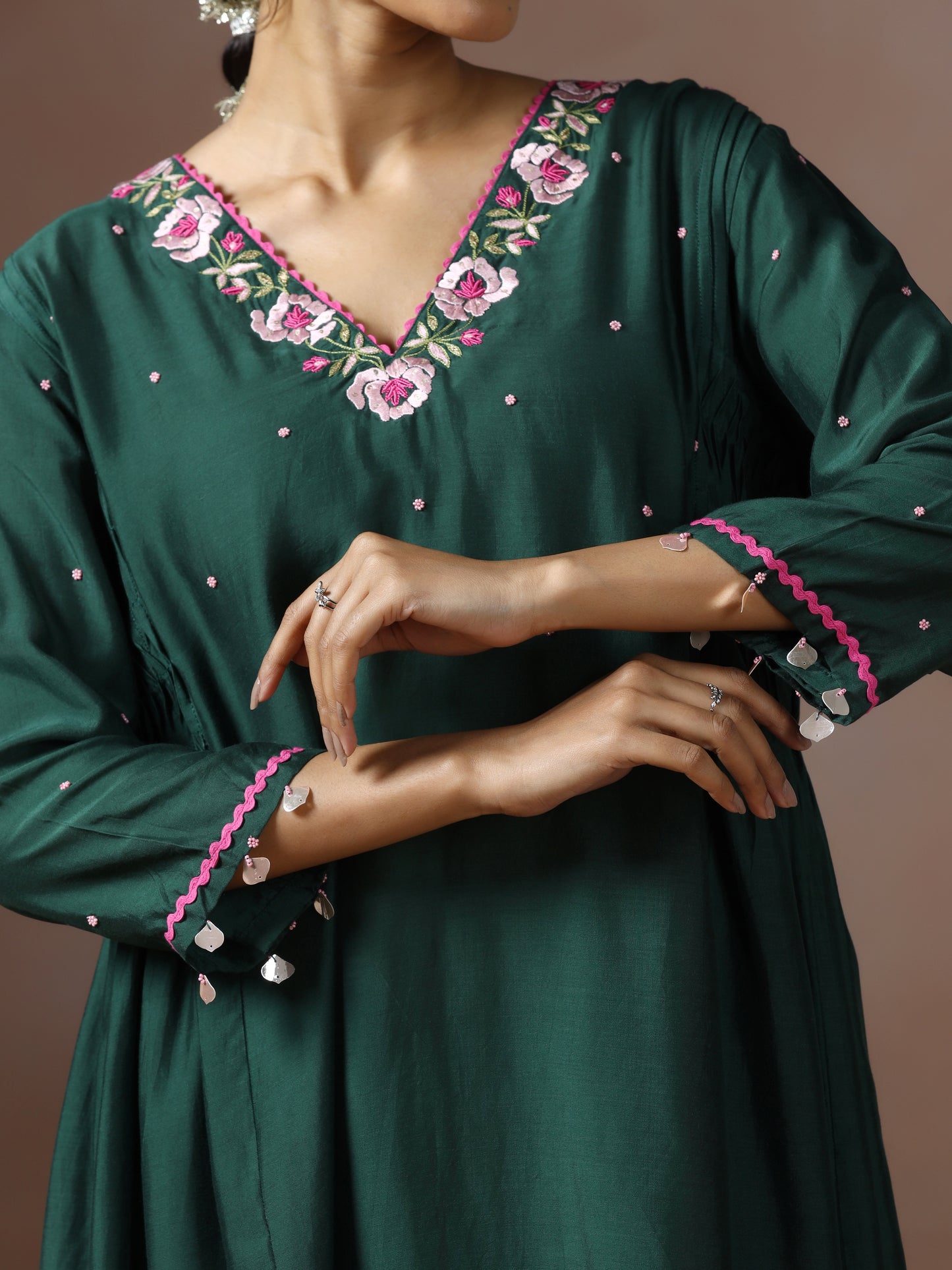 Saanjh: Emerald Green Embroidred Cord Set