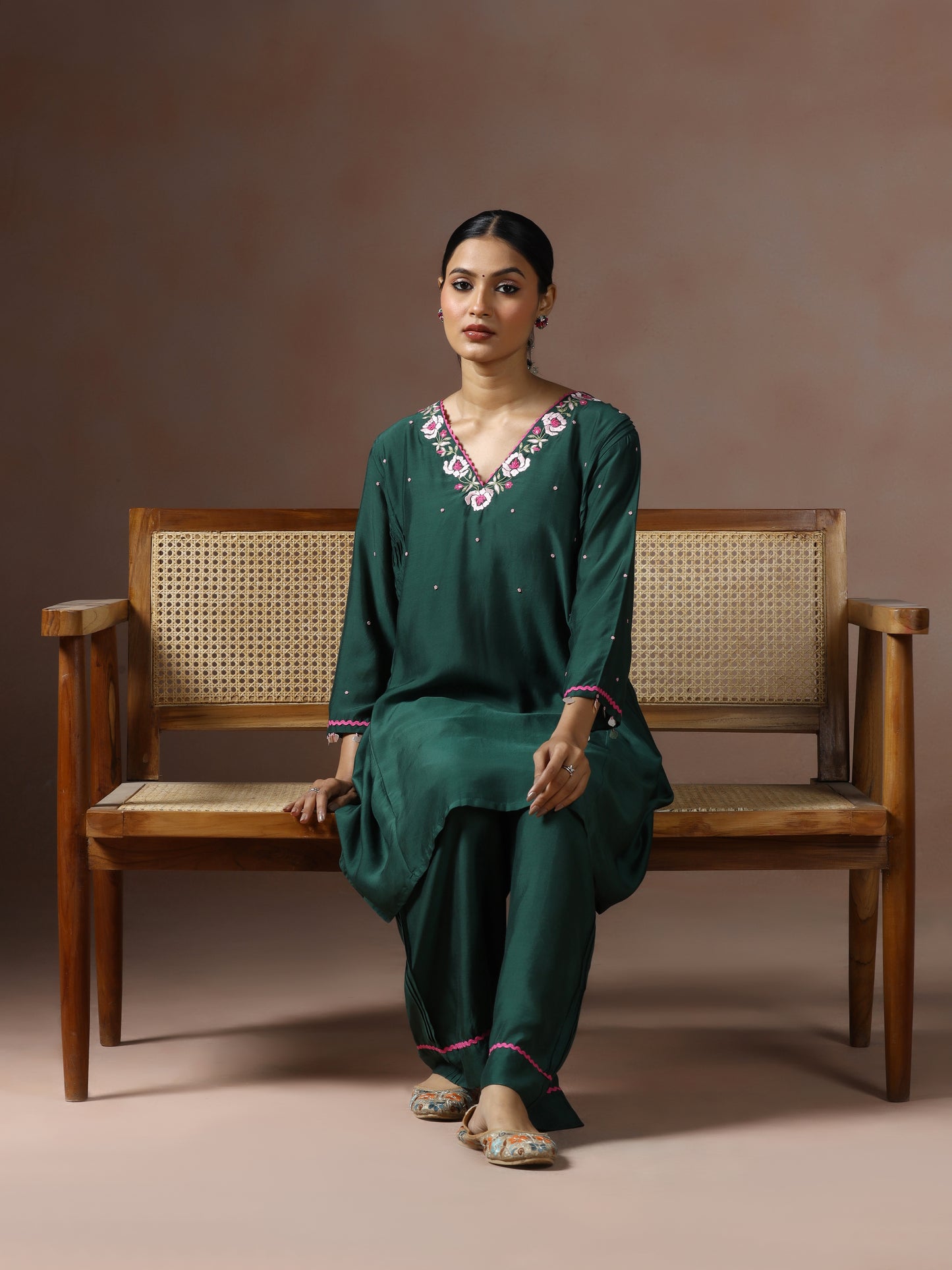 Saanjh: Emerald Green Embroidred Cord Set
