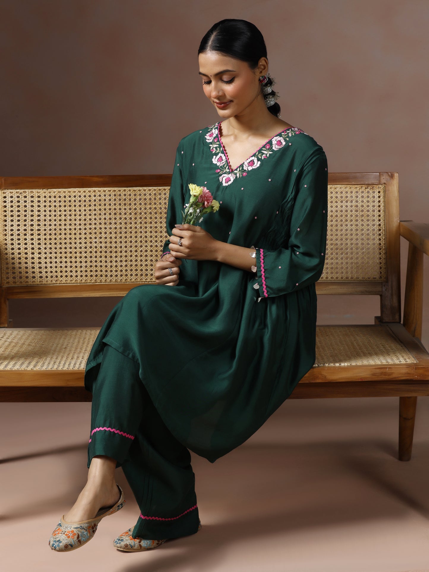 Saanjh: Emerald Green Embroidred Cord Set