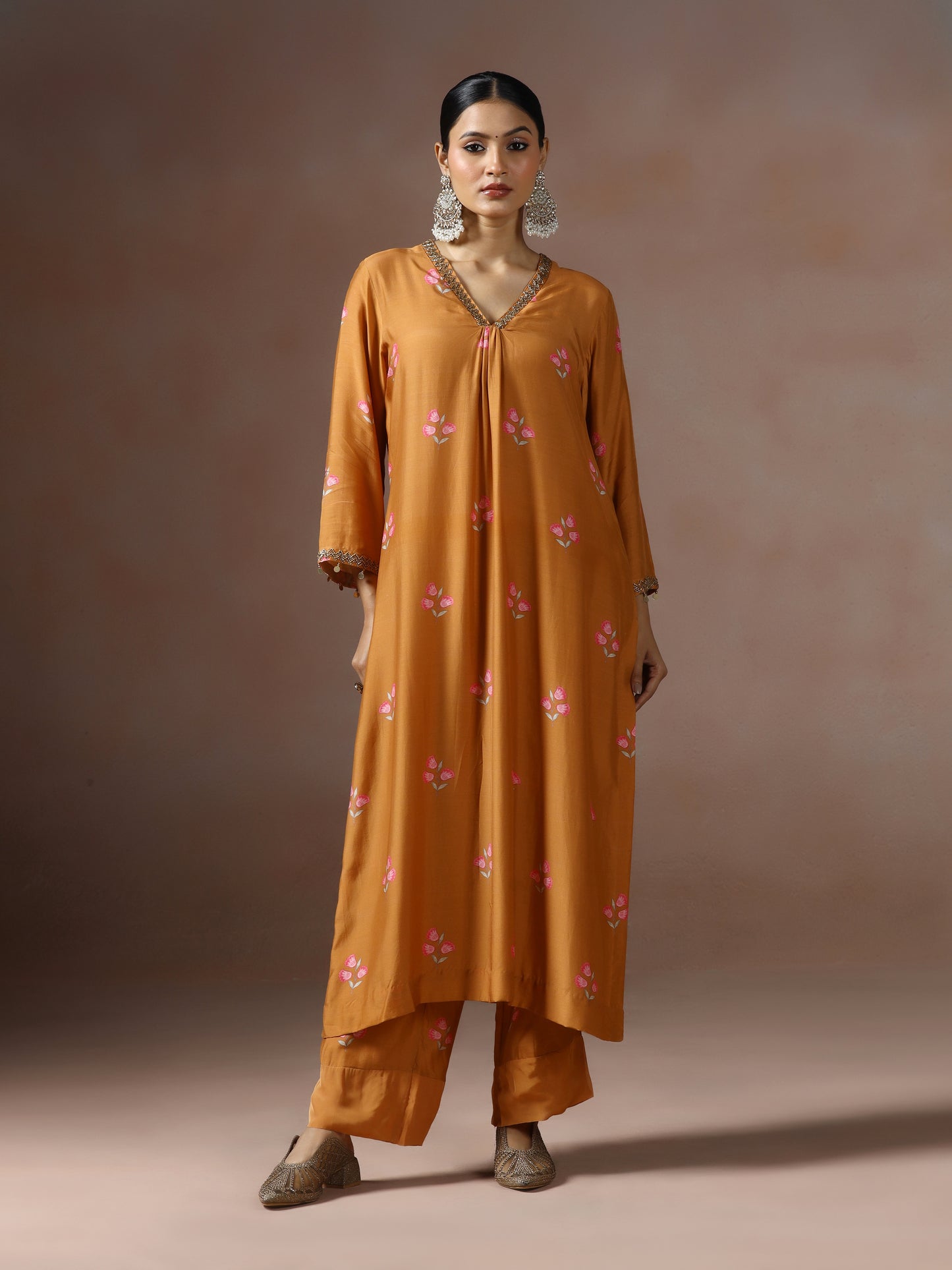 Saanjh: Mustard Floral Digtal Printed Embroidred Kurta Set of 2