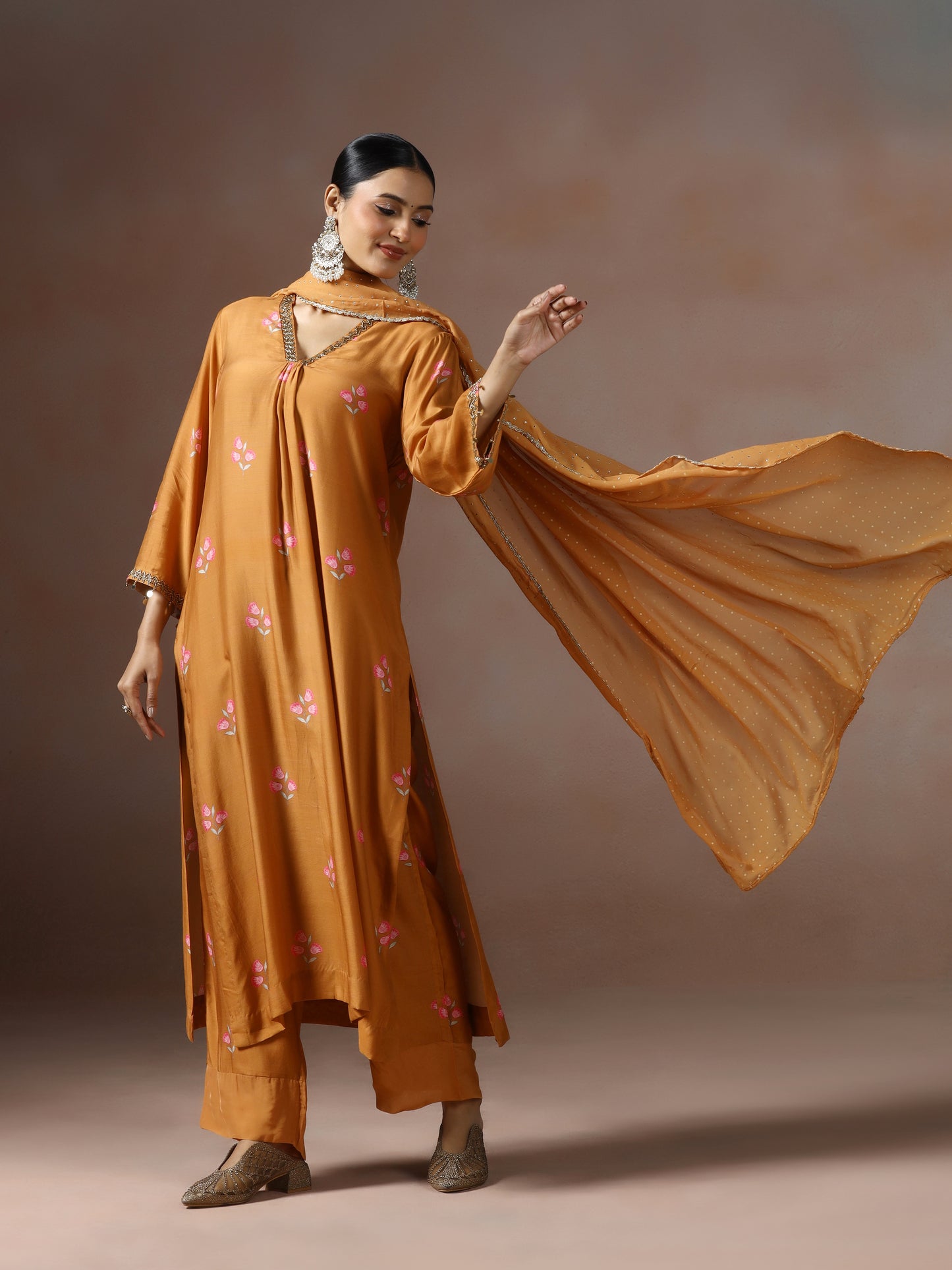 Saanjh: Mustard Floral Digtal Printed Embroidred Kurta Set of 2