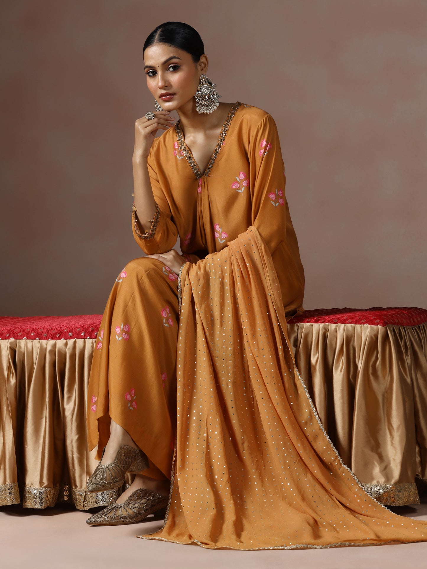 Saanjh: Mustard Floral Digtal Printed Embroidred Kurta Set of 2