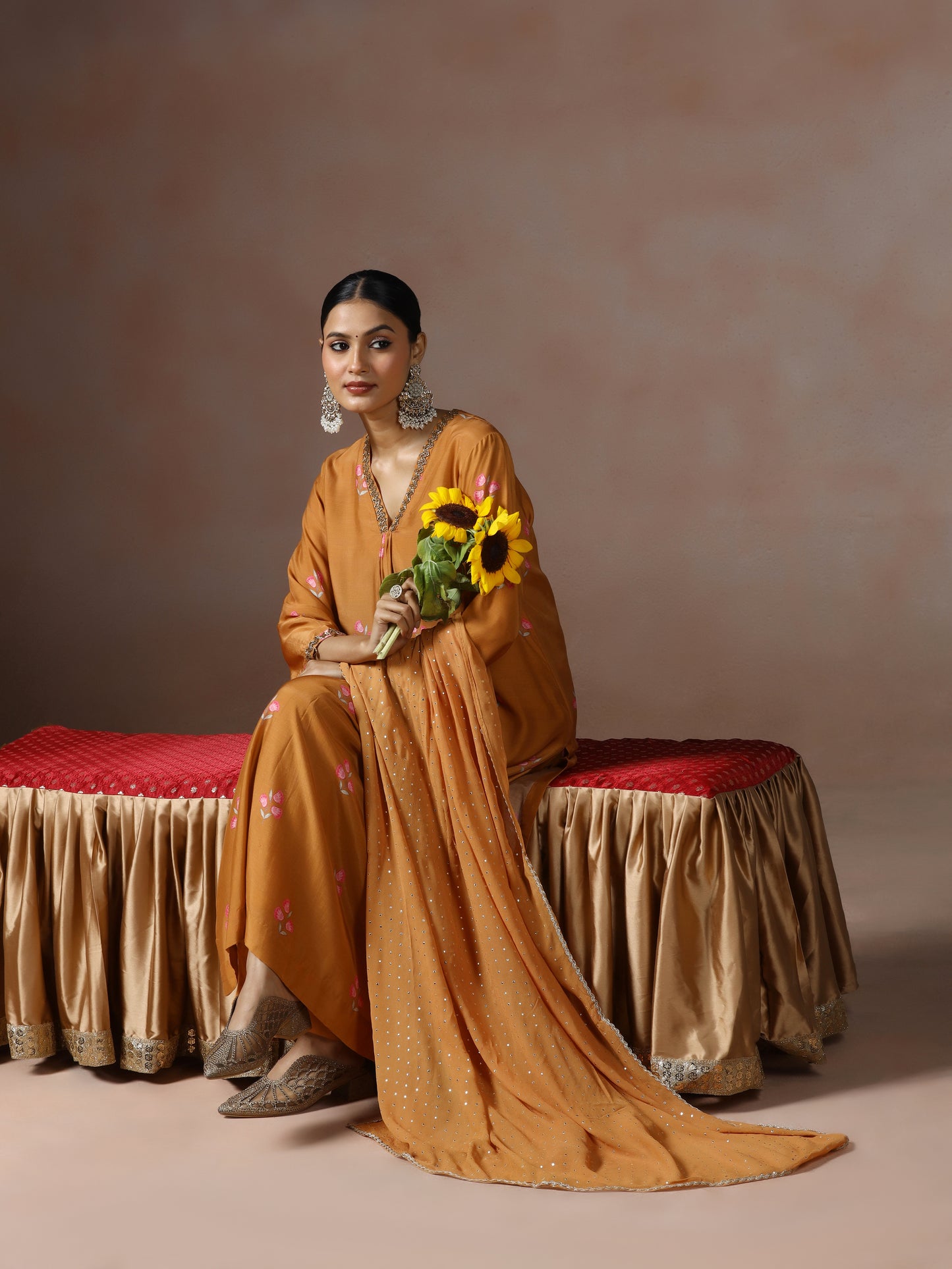 Saanjh: Mustard Floral Digtal Printed Embroidred Kurta Set of 2