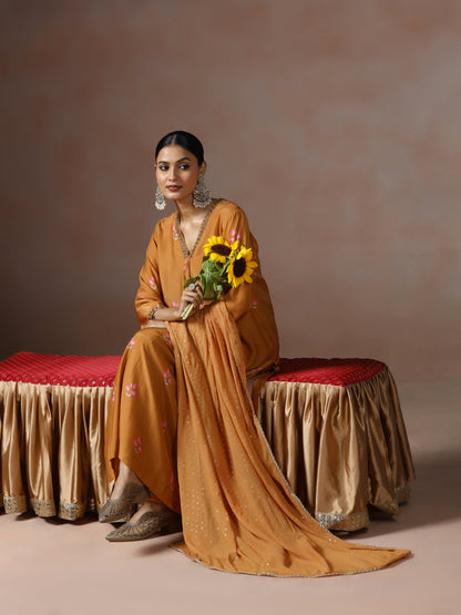 Saanjh: Mustard Floral Digtal Printed Embroidred Kurta Set of 2