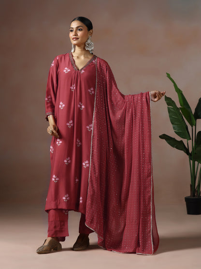 Saanjh: Red Floral Digtal Printed Embroidred Kurta Set of 2