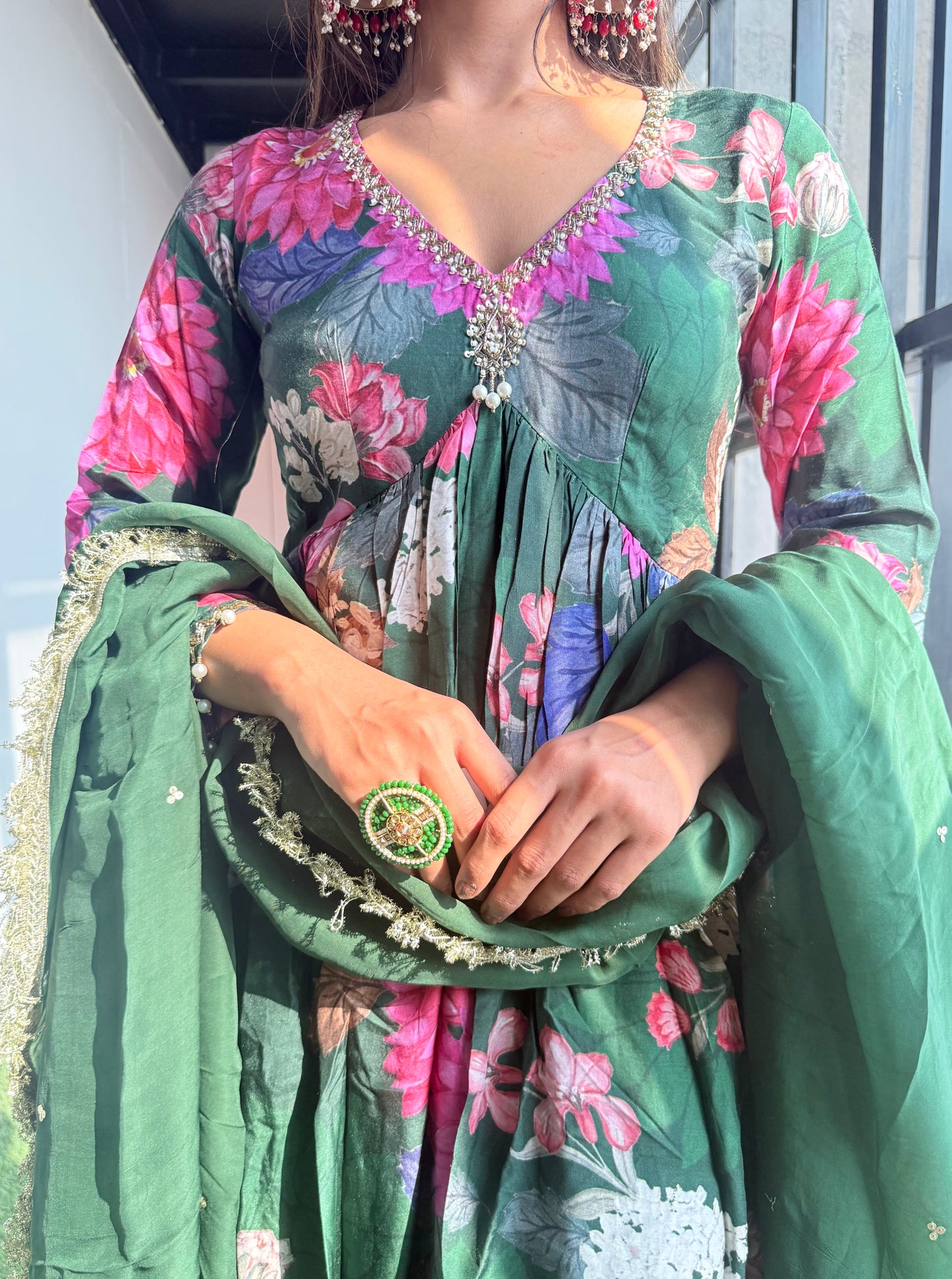 Saanjh: Green Floral Digtal Printed Embroidred Kurta Set of 3