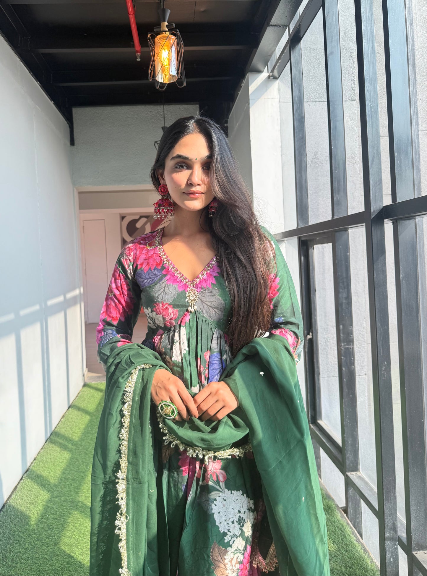 Saanjh: Green Floral Digtal Printed Embroidred Kurta Set of 3